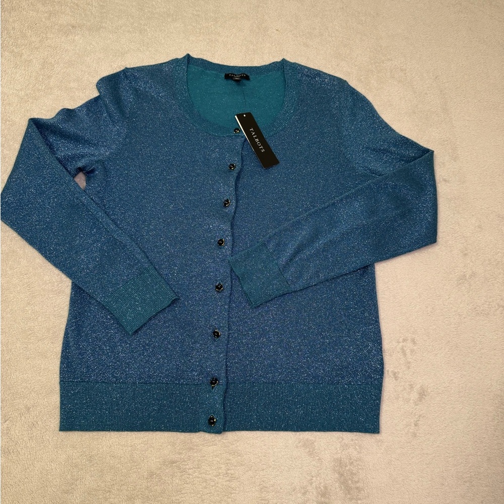 Talbots Womens Cardigan Sweater Size SP Teal Blue Silver Sparkly Button Up Top